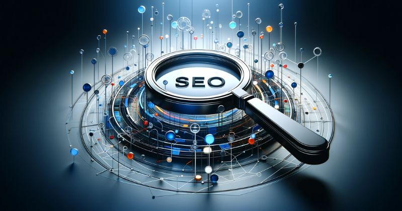 SEO concept with a magnifying glass over a digital network, highlighting website optimisation and search analytics.