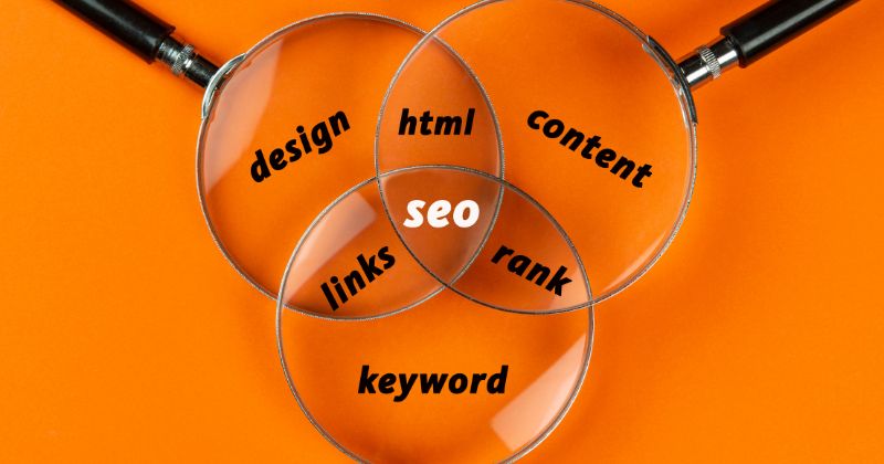 Three magnifying glasses with SEO-related words zooming in using the glasses on an orange background.