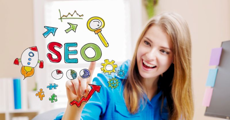 A woman posing with icons related to SEO floating around her.