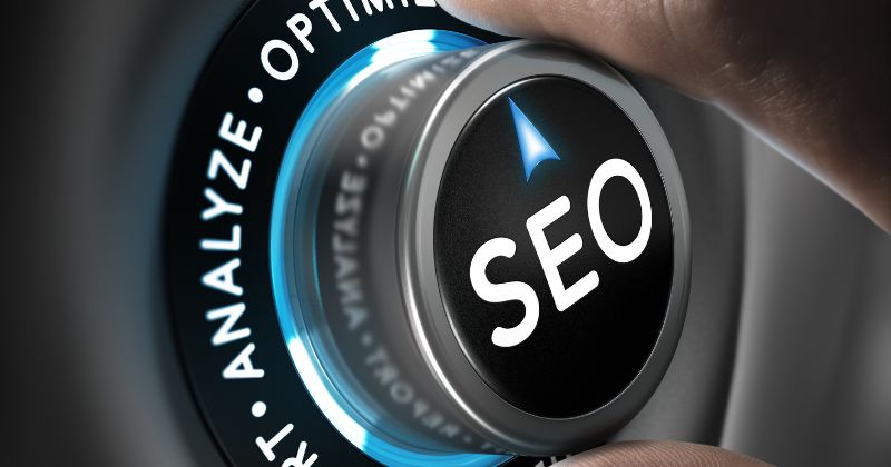 A vault lock with the printed word 'SEO' and keywords related to search engine optimization.